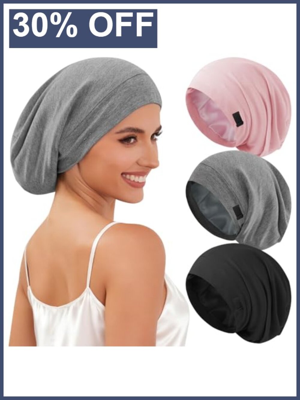 Satin Lined Hair Bonnets 3 Pack Silk Sleep Cap Adjustable Unisex Slouchy